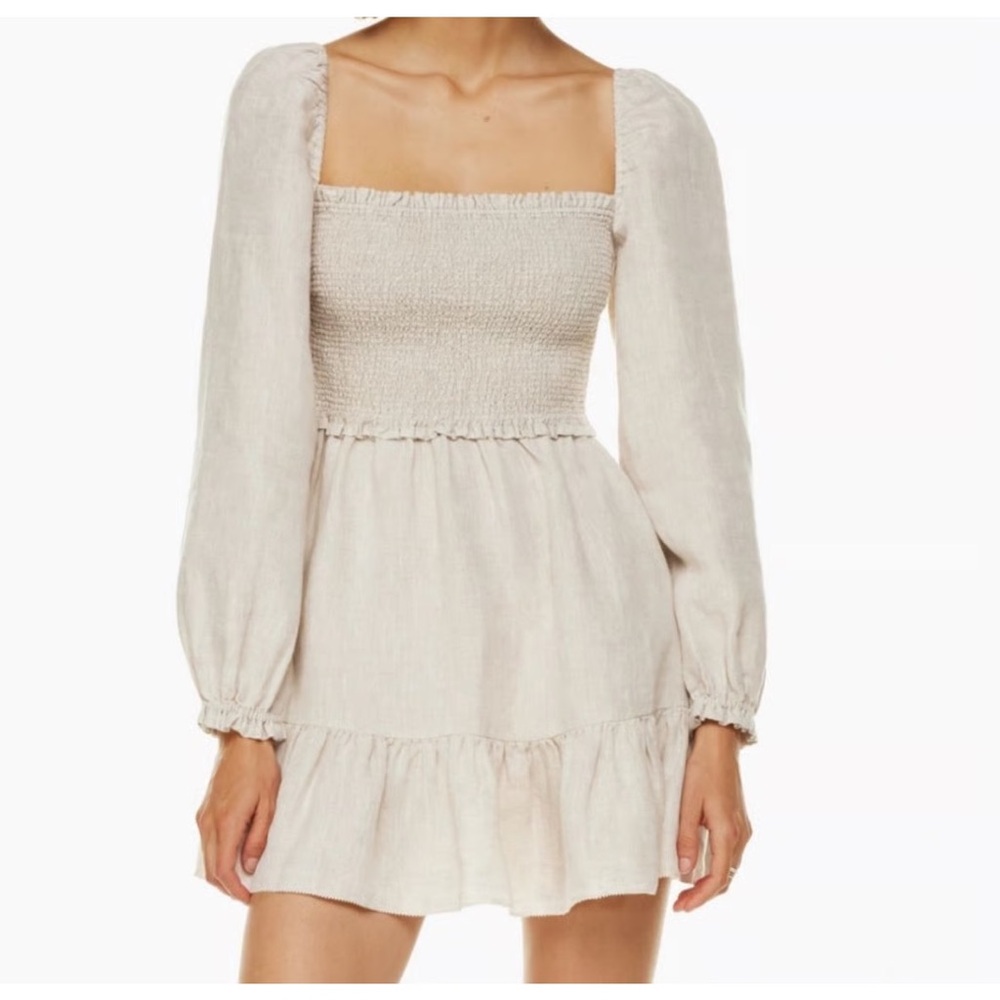 Aritzia Wilfred Tempest Organic Linen Smocked Puff Sleeves Beige Mini Dress L